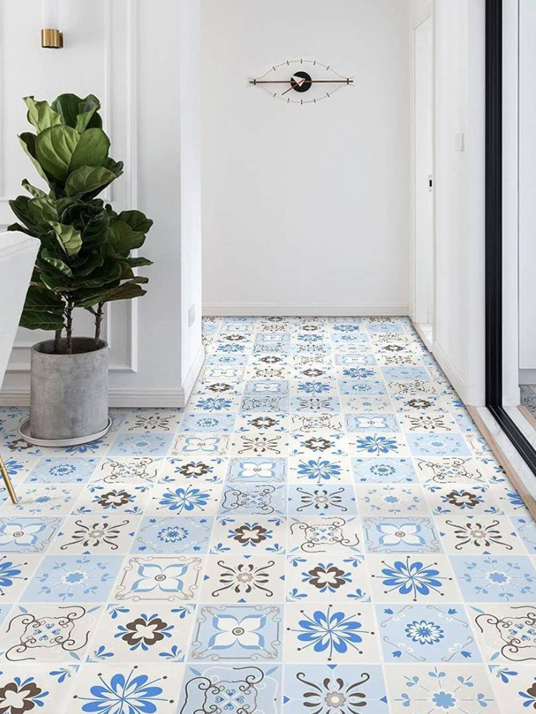 Jaamso Royals White & Blue Mosiac Design Kitchen Decorative Floor Sticker Wallpaper