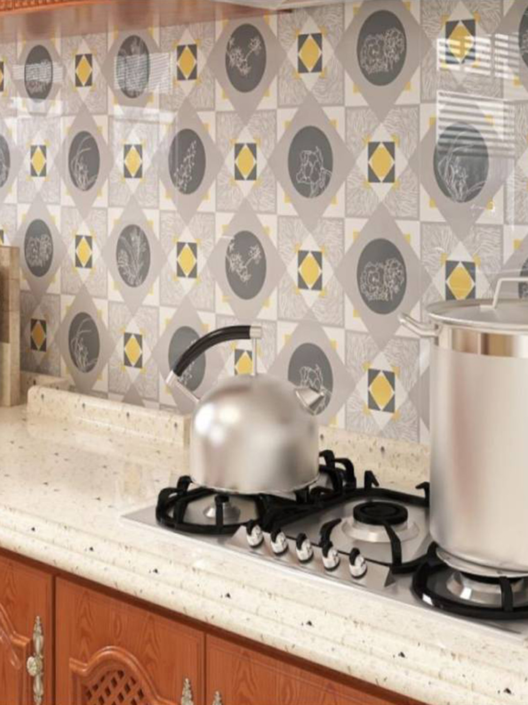 Jaamso Royals Yellow & Grey Round & Square Design Removable Kitchen Wallpaper