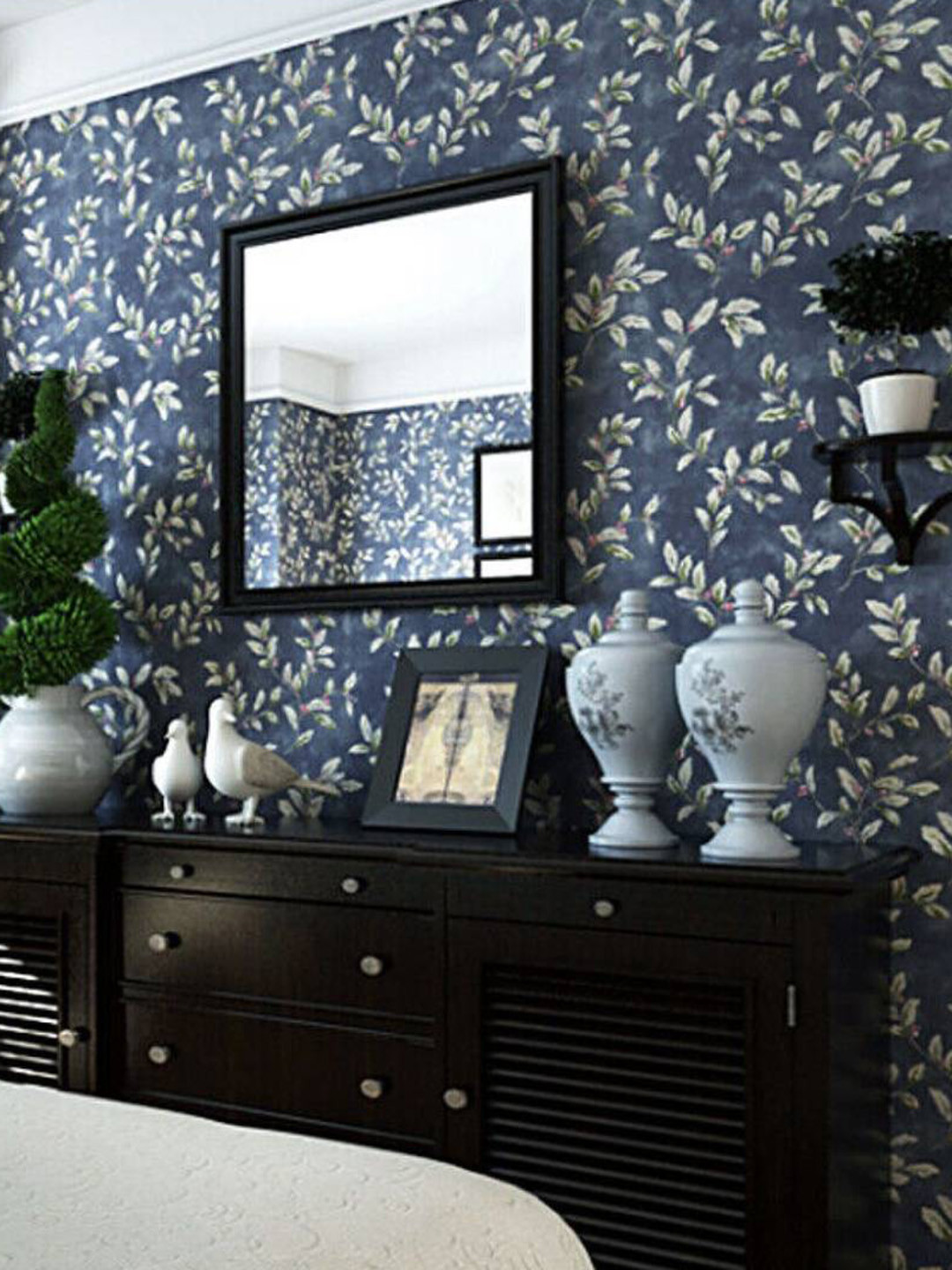 Jaamso Royals Blue & White Leaves Design Vinyl Self Adhesive Wallpaper