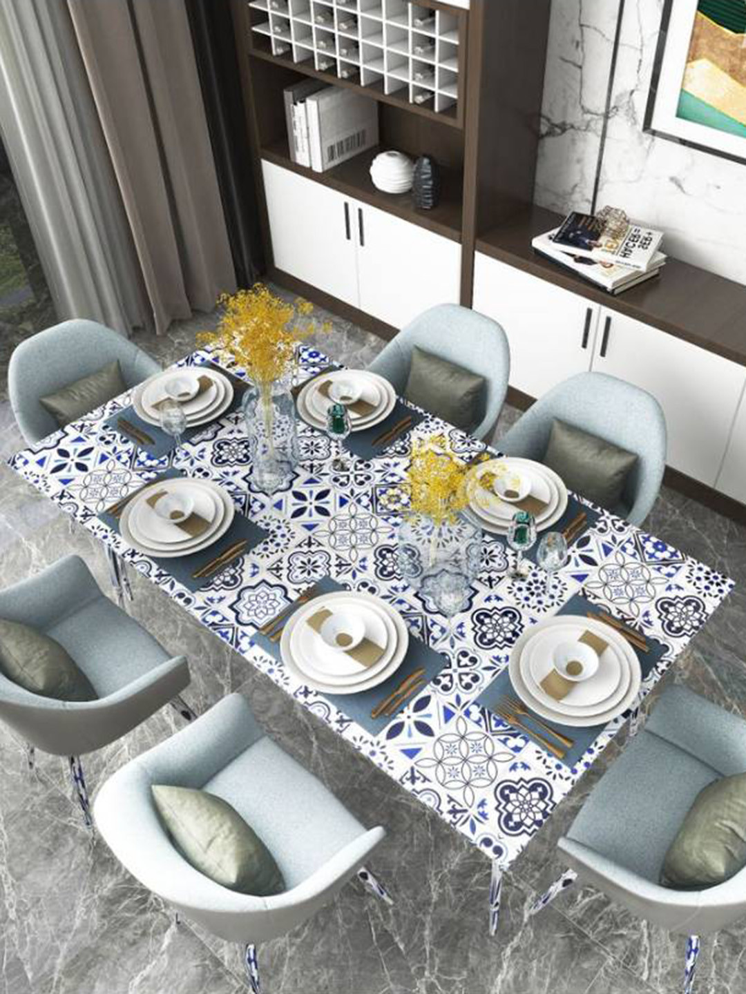 Jaamso Royals White & Blue Hexagon Art Design Self Adhesive Wallpaper