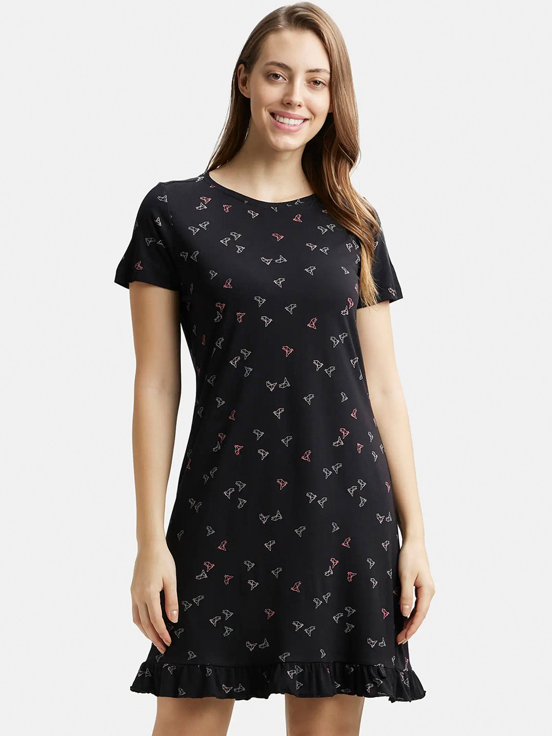 Jockey Micro Modal Cotton Ruffled Hem Styled Printed Sleep Dress-RX25