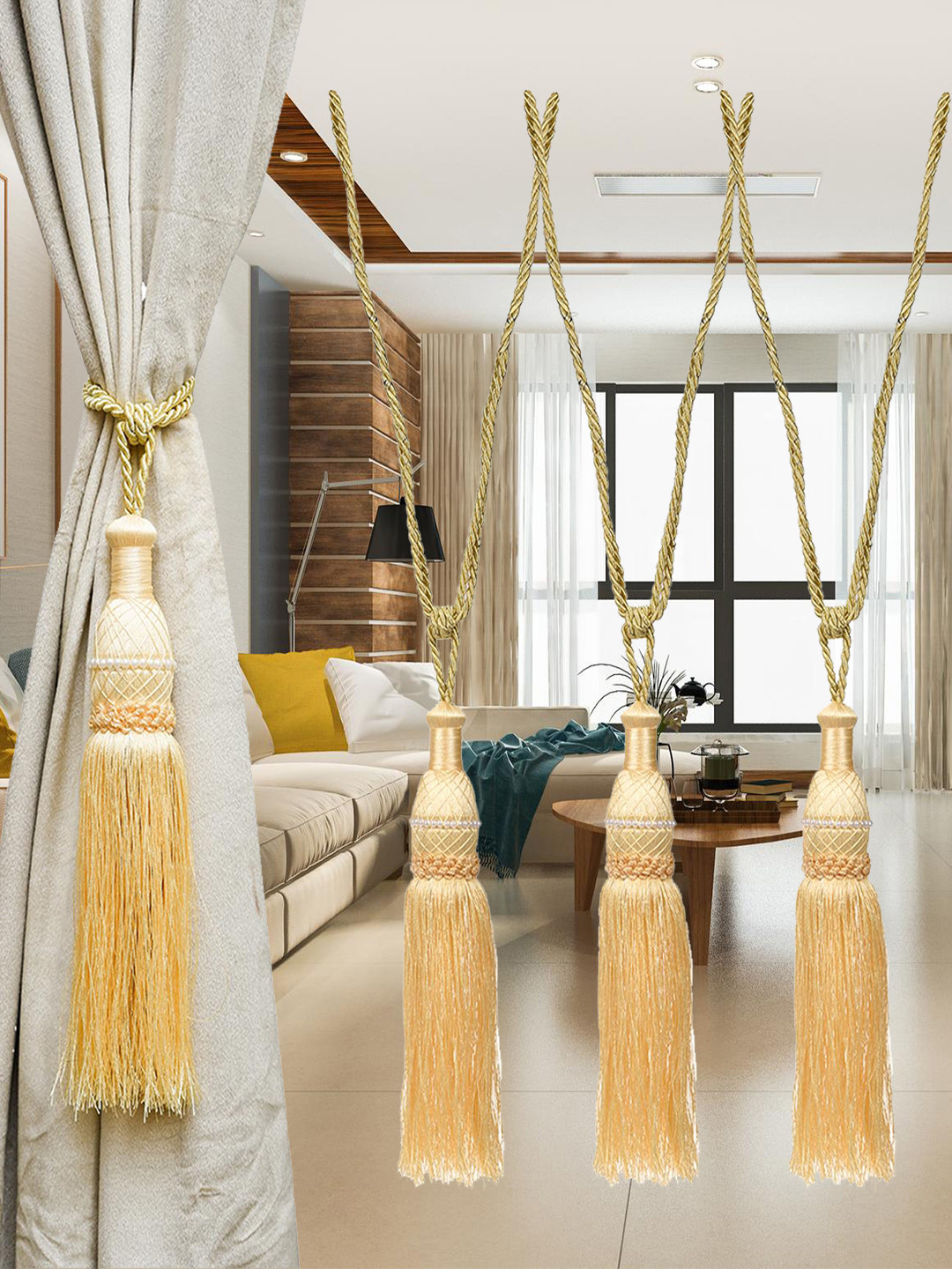 Kuber Industries 4 Pcs Cream-Coloured Tassel Curtain Tie Backs