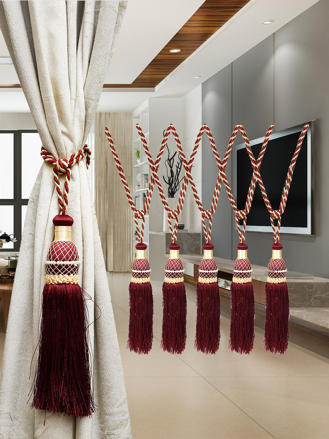 Kuber Industries 6 Pcs Maroon Tassel Curtain Tie Backs