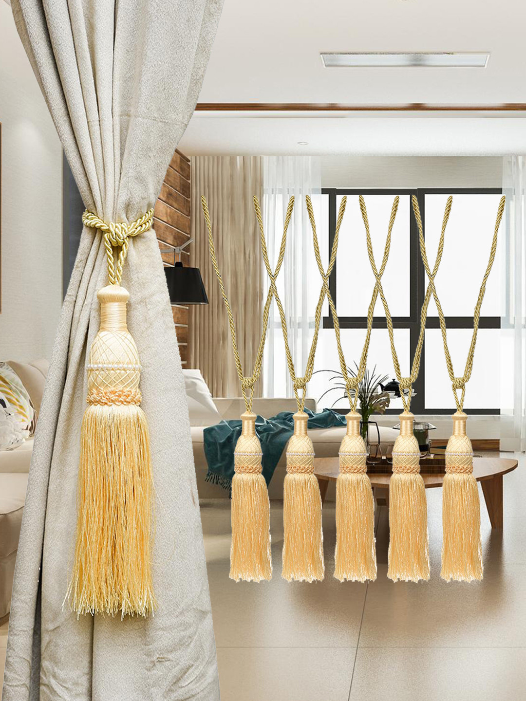 Kuber Industries 6 Pcs Cream-Coloured Tassel Curtain Tie Backs