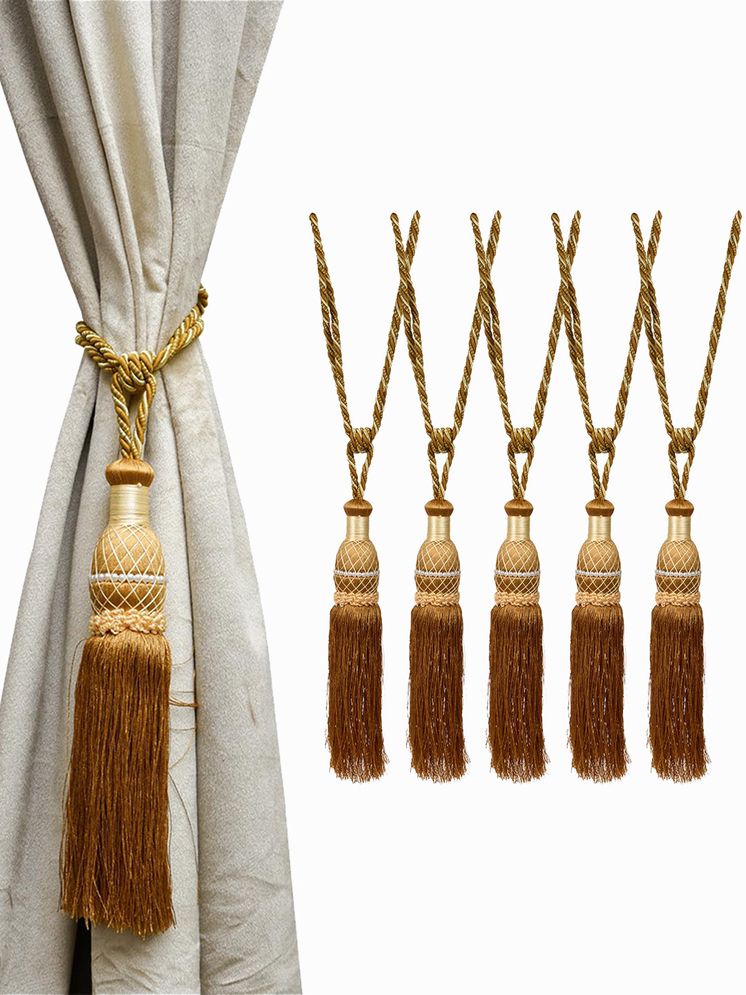 Kuber Industries 6 Pcs Beige Tassel Curtain Tie Backs
