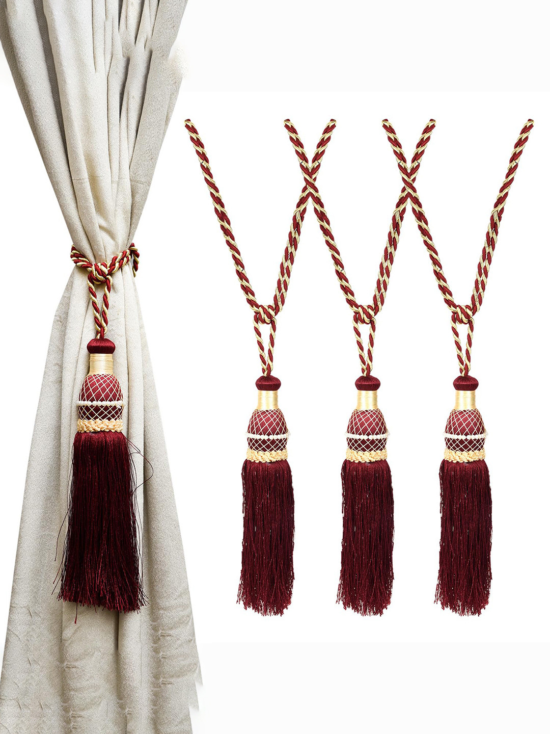 Kuber Industries 4 Pcs Maroon Tassel Curtain Tie Backs