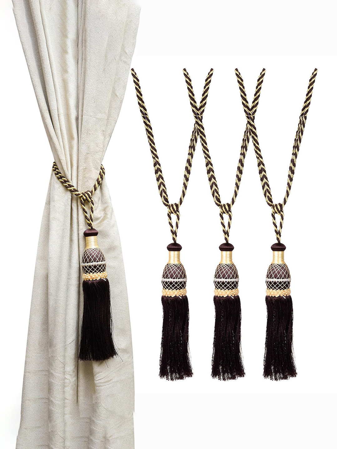 Kuber Industries 4 Pcs Brown Tassel Curtain Tie Backs