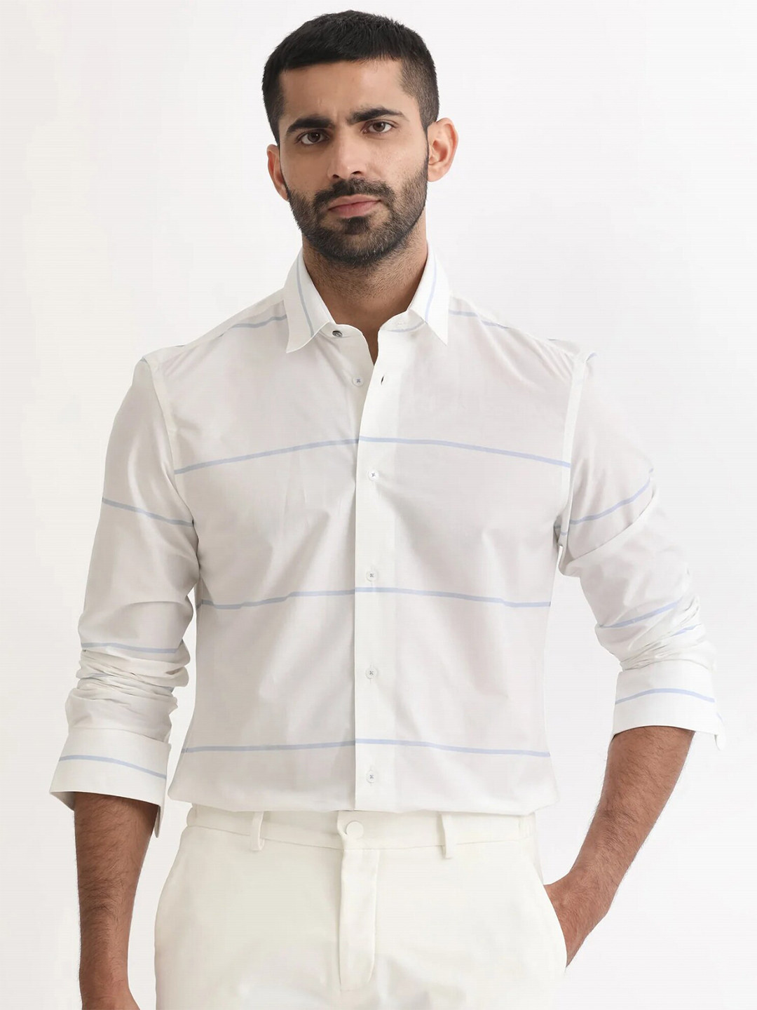 MISCHIEF MONKEY Classic Fit Horizontal Striped Pure Cotton Casual Shirt