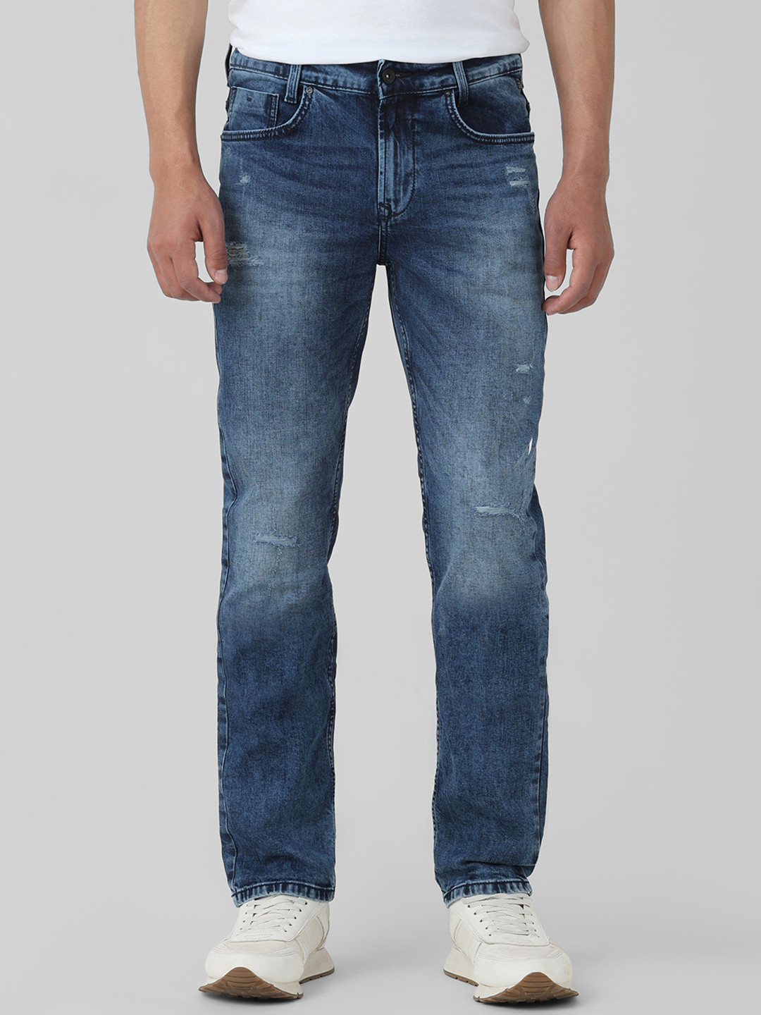 Mufti Men Super Slim Fit Mid-Rise Mildly Distressed Heavy Fade Stretchable Jeans