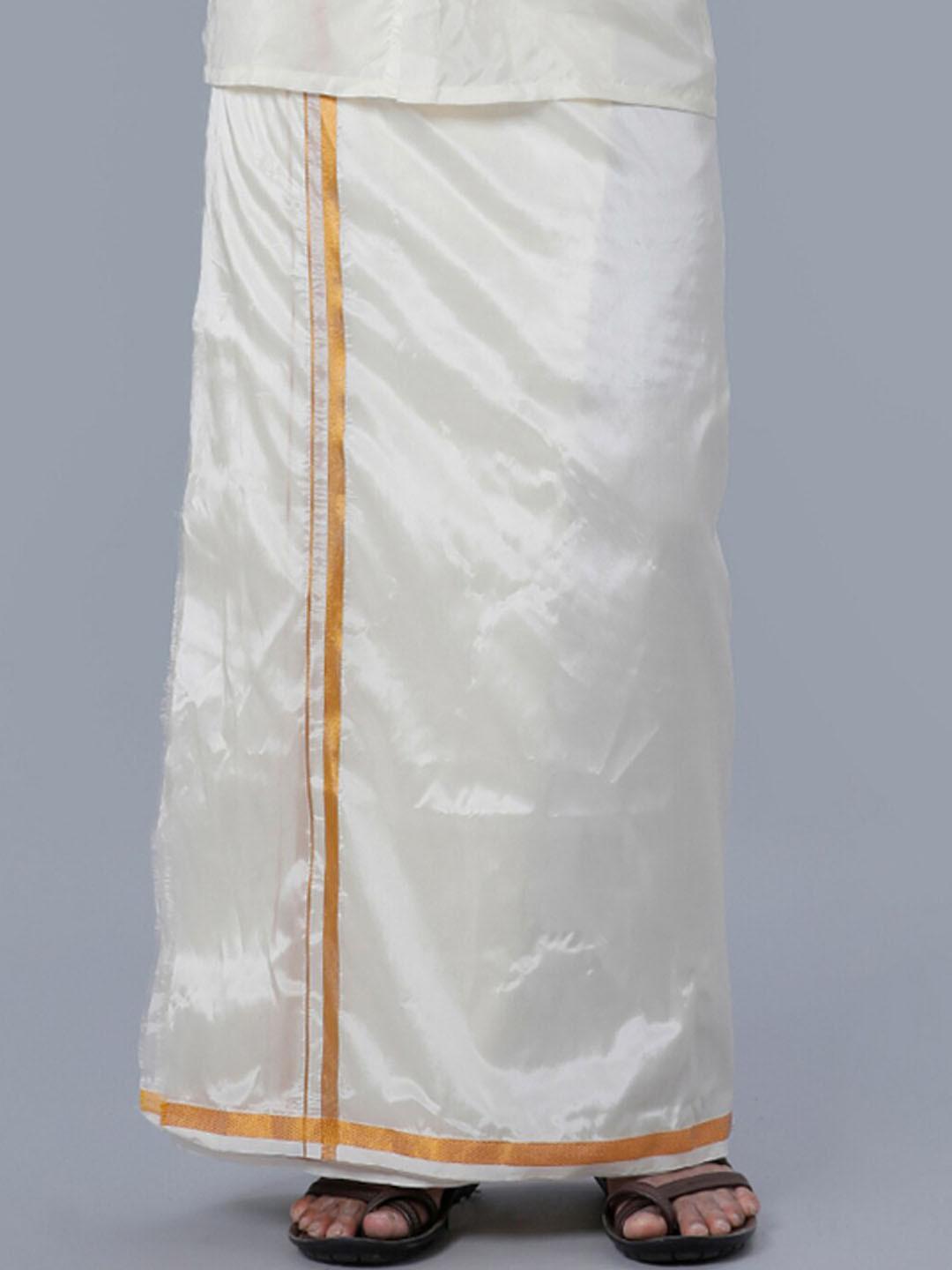 Ramraj Men Art Silk Cream Solid Gold Jari Border Single Layer Dhoti