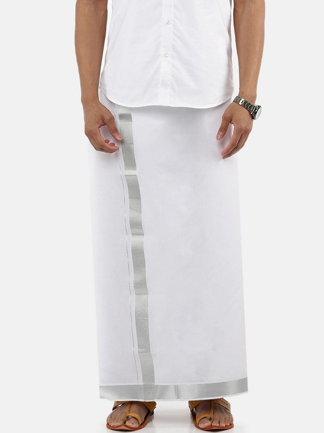 Ramraj Men Solid Silver Jari Border Single Layer Cotton Dhoti