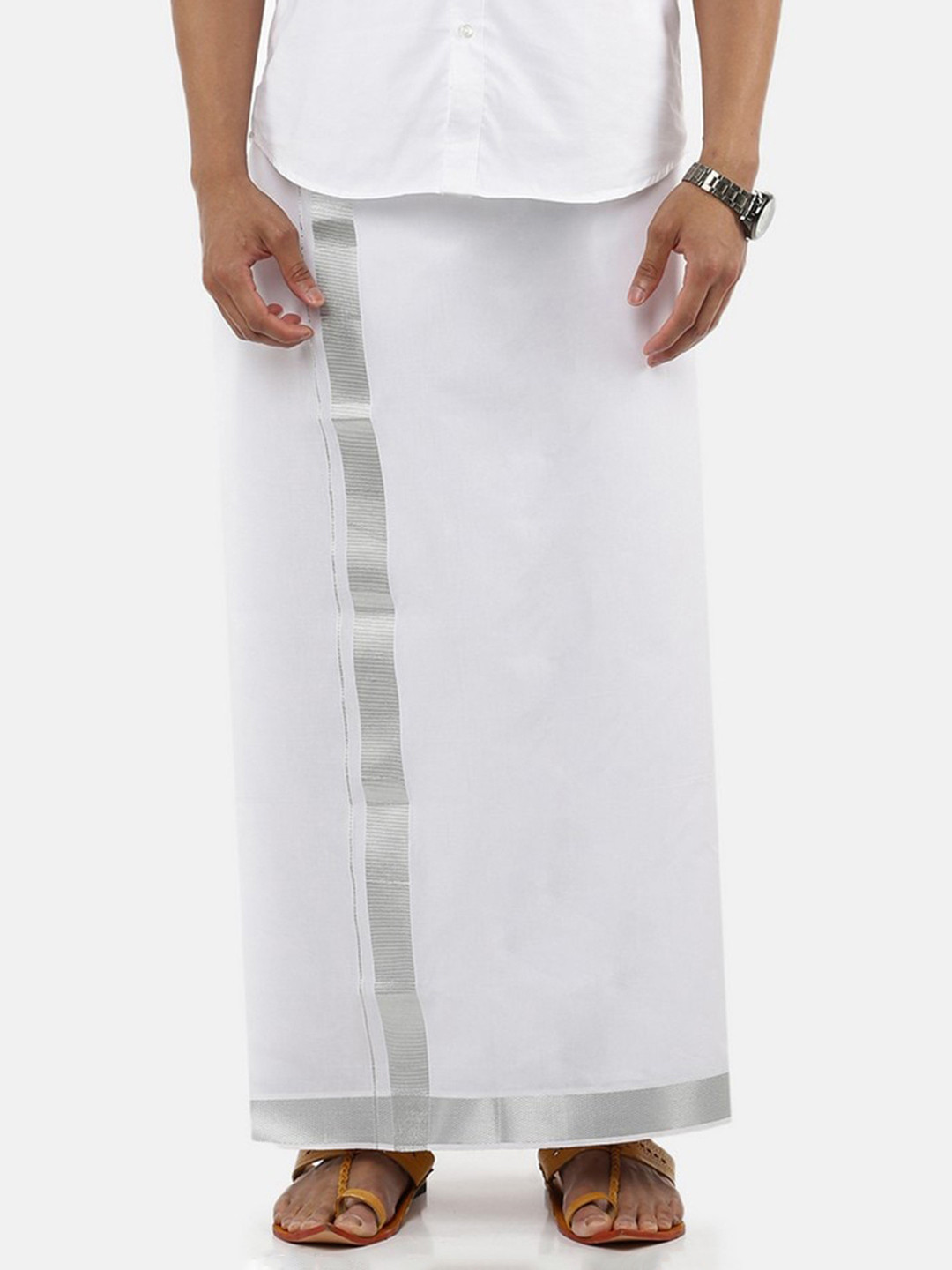 Ramraj Men Cotton Solid Silver Jari Border Single Layer Dhoti