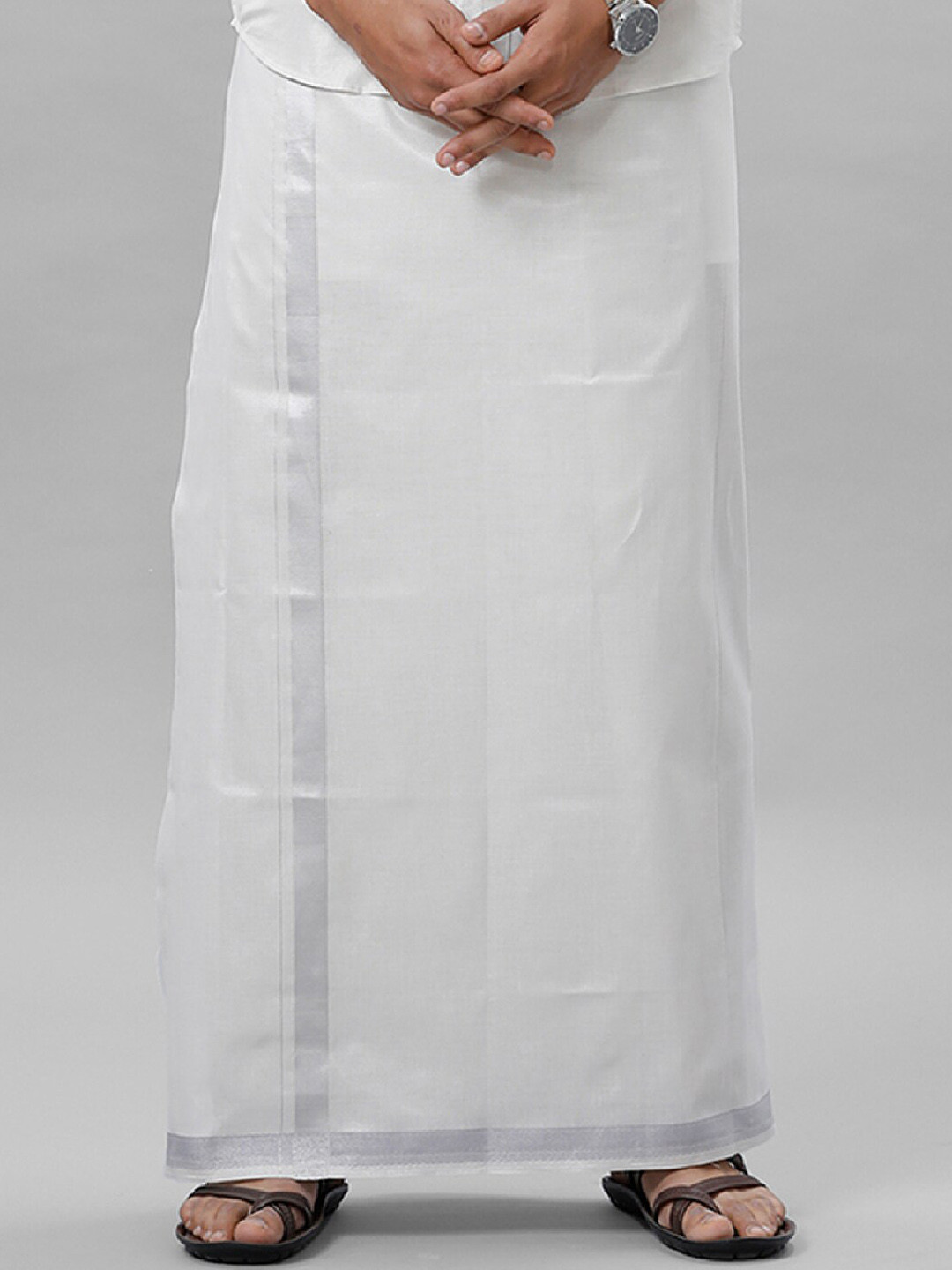 Ramraj Men Tissue White Solid Silver Jari Border and Pocket with Adjustable Dhoti
