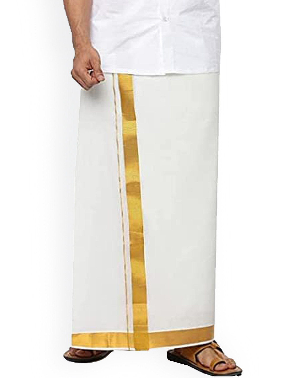 Ramraj Men Solid Gold Jari Border Double Layer Cotton Dhoti