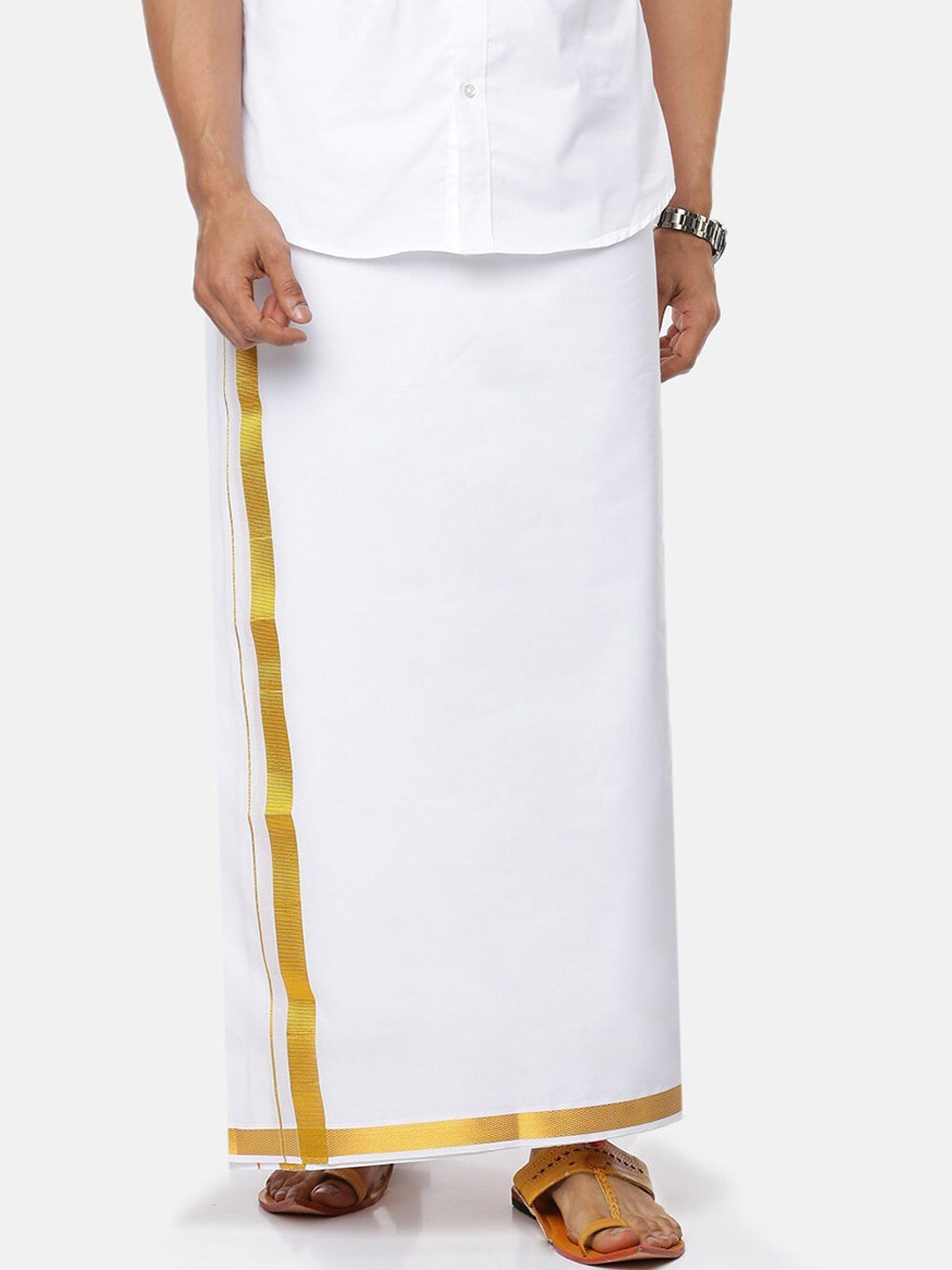 Ramraj Men Cotton Solid Zari Border Double Layer Dhoti