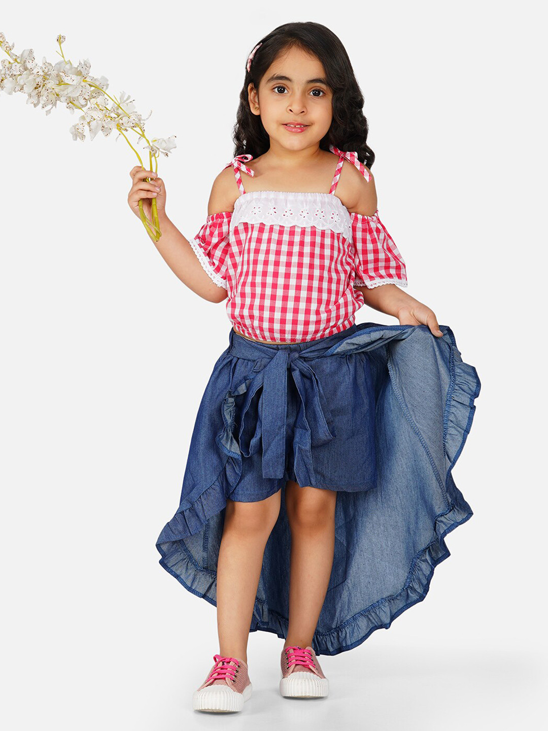 HERE&NOW Girls Pink Checked Shoulder Straps Pure Cotton Top With Denim Skorts