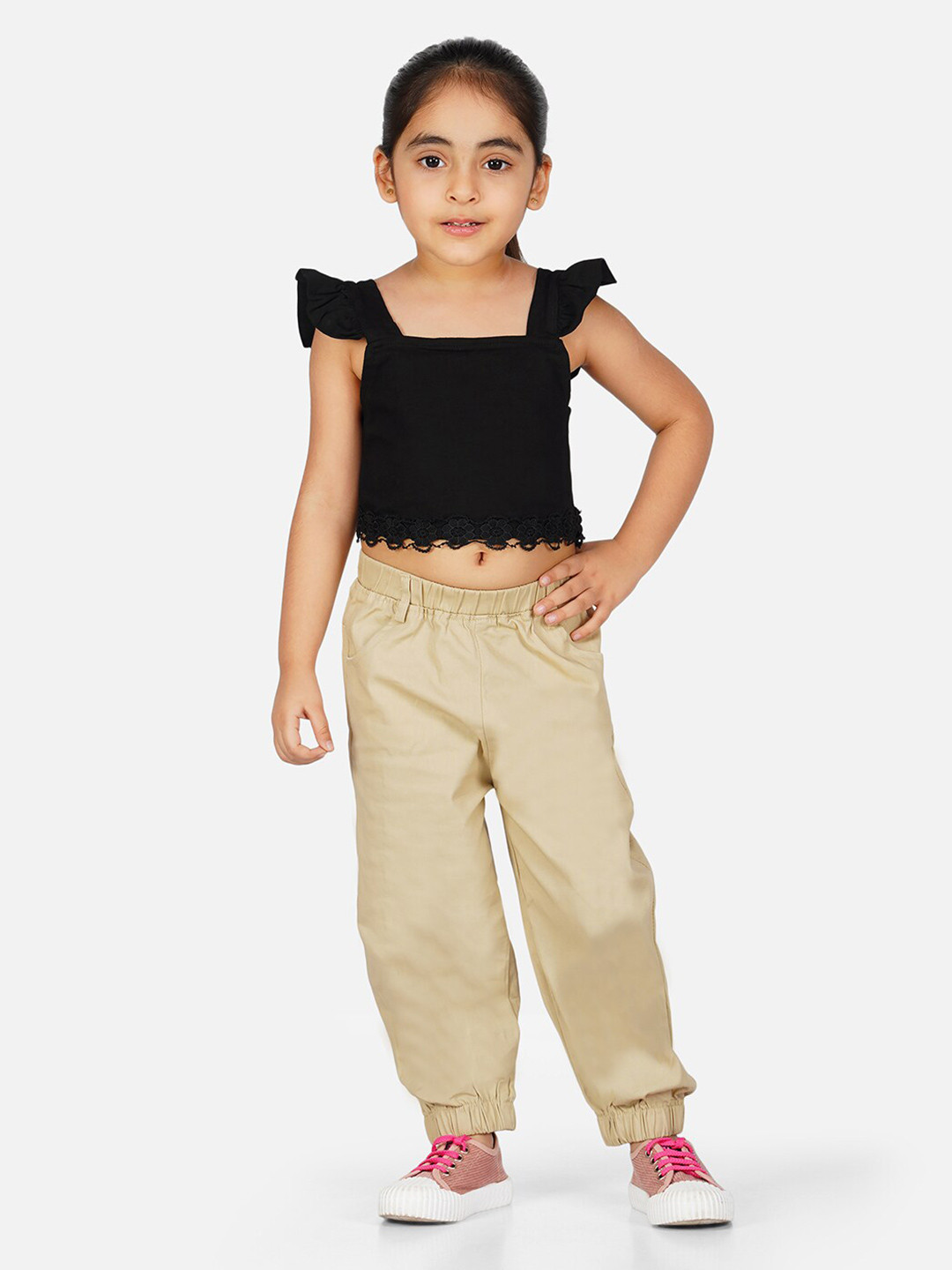 HERE&NOW Girls Black Square Neck Flutter Sleeves Pure Cotton Lace Crop Top With Jogger