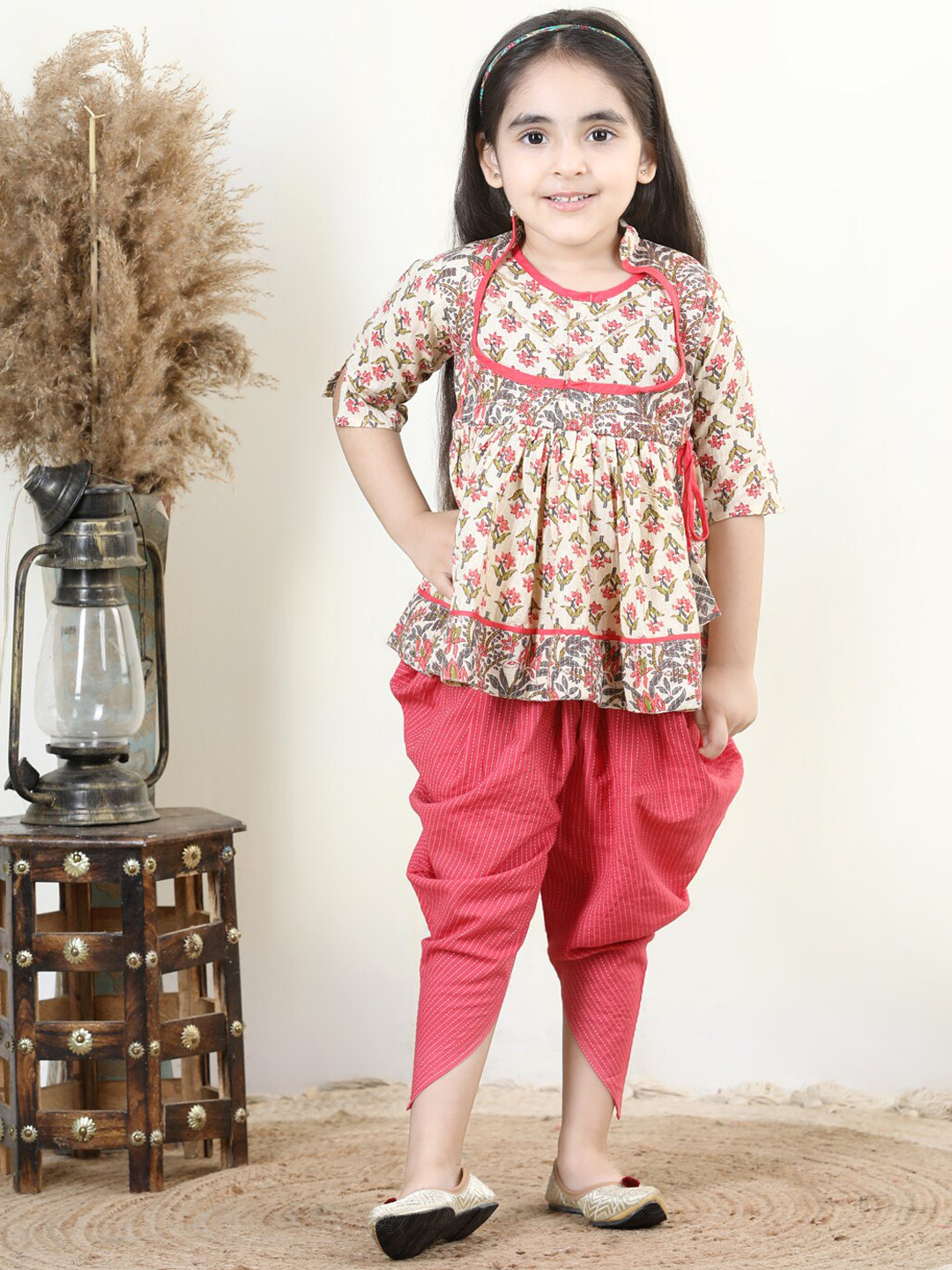 Sangria Girls Floral Printed Pure Cotton Angrakha Kurti With Kantha Dhoti Pants