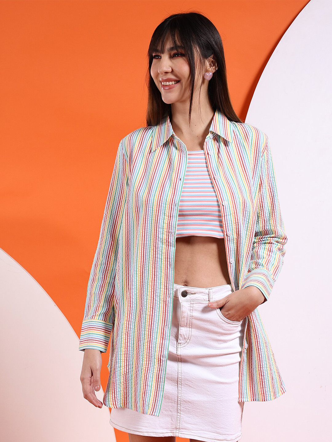 Freehand by The Indian Garage Co Candy Striped Oversized Cotton Casual Shirt