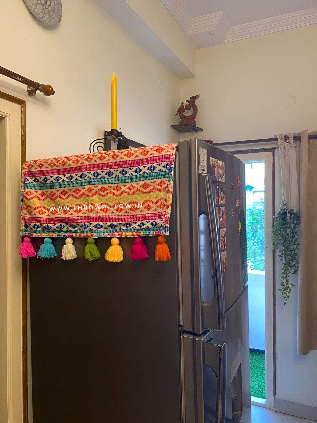 THROWPILLOW Pink & Yellow Geometric Printed With Tasselled Border Fridge Cover