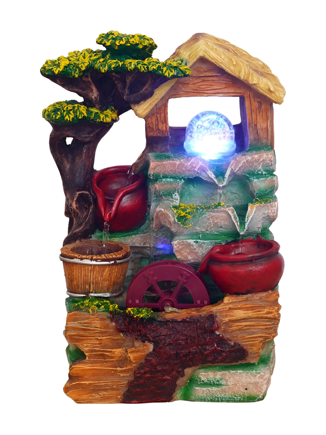 CHRONIKLE Brown & Green Cabin Water Fountain With LED Light Crystal Ball