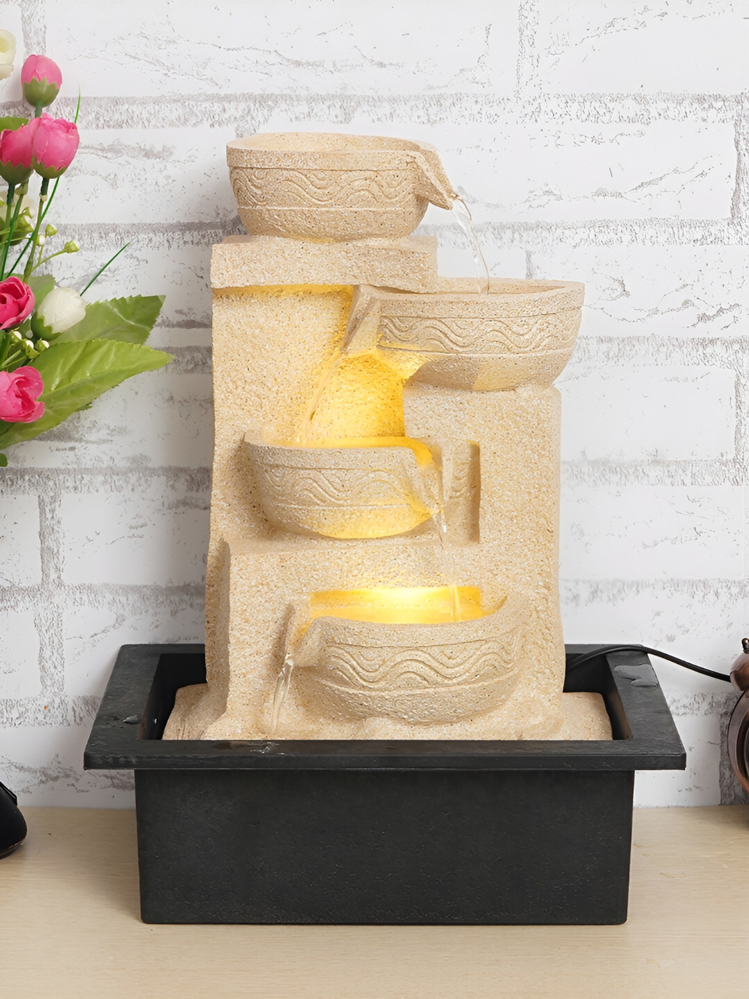 CHRONIKLE Cream & Black 4-Step Diya Water Fountain With LED Light