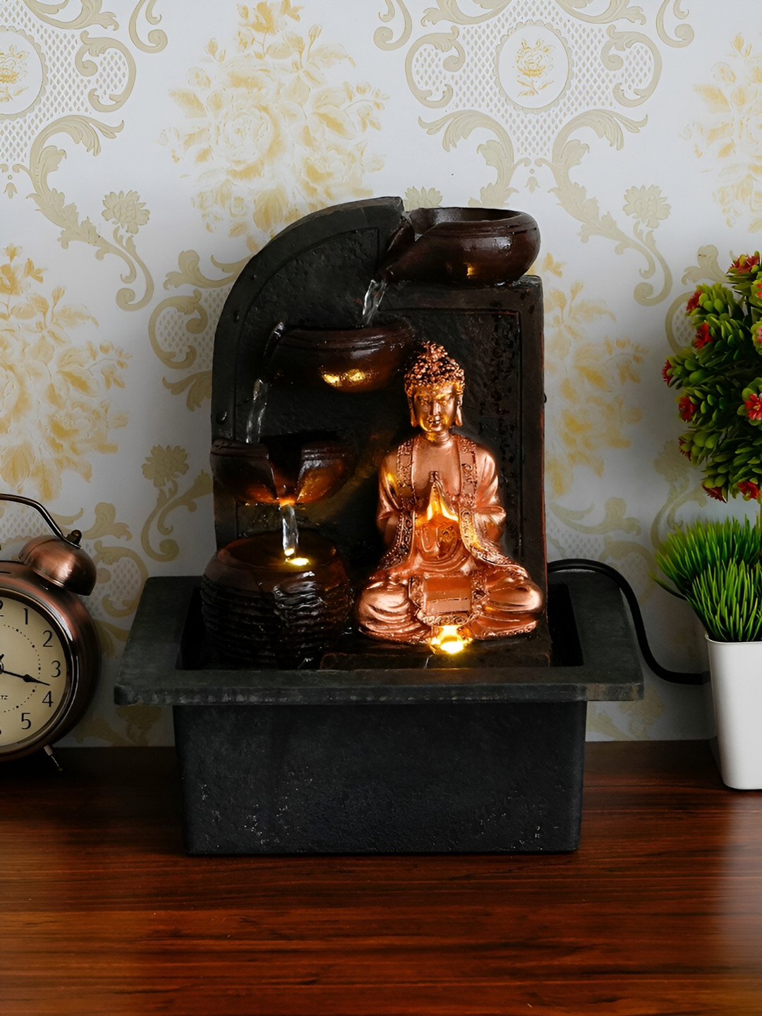 CHRONIKLE Brown & Black Buddha Idol Water Fountain With LED Light