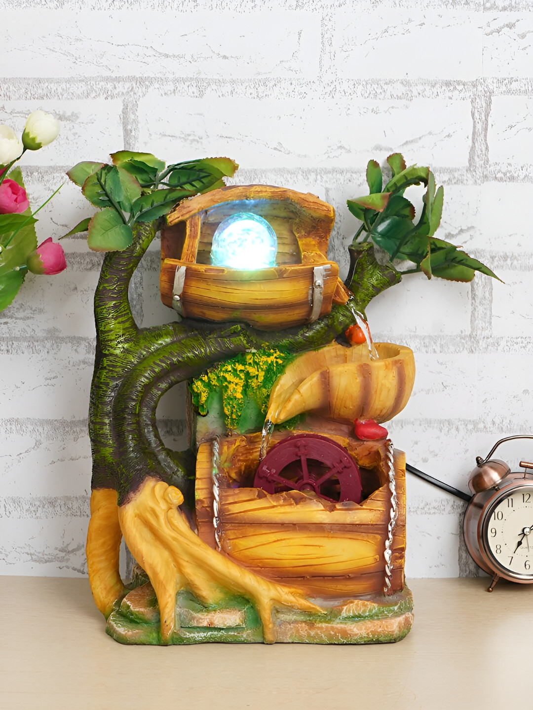 CHRONIKLE Brown & Green Jungle-Themed Water Fountain With LED Crystal Ball