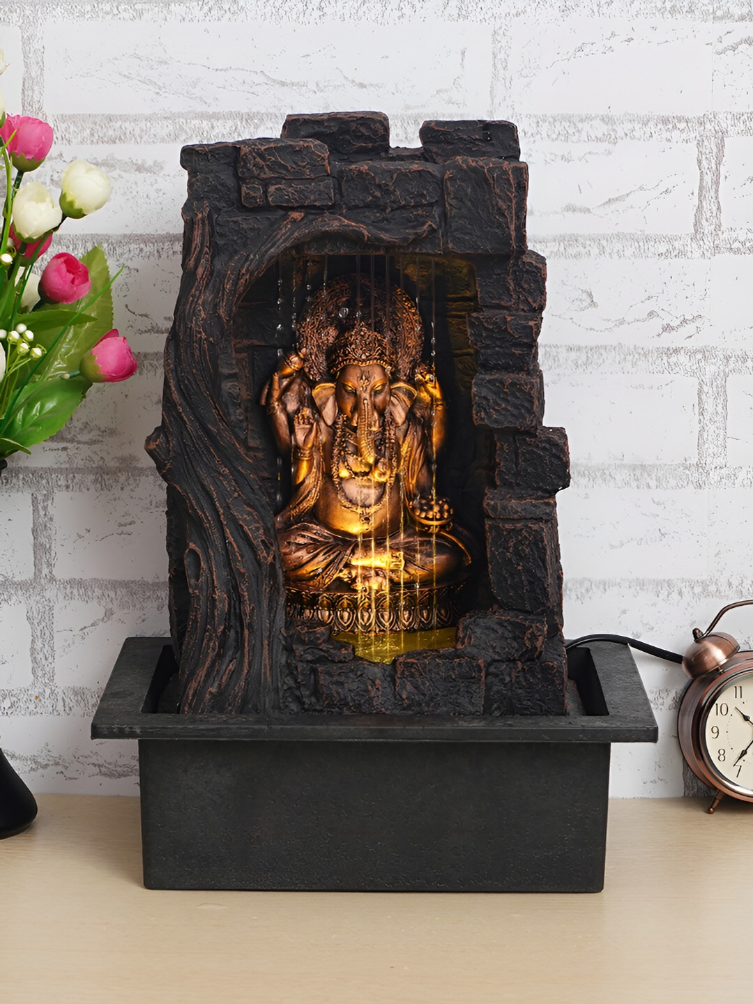 CHRONIKLE Brown & Black Lord Ganesh Idol Waterfall Fountain With LED Light