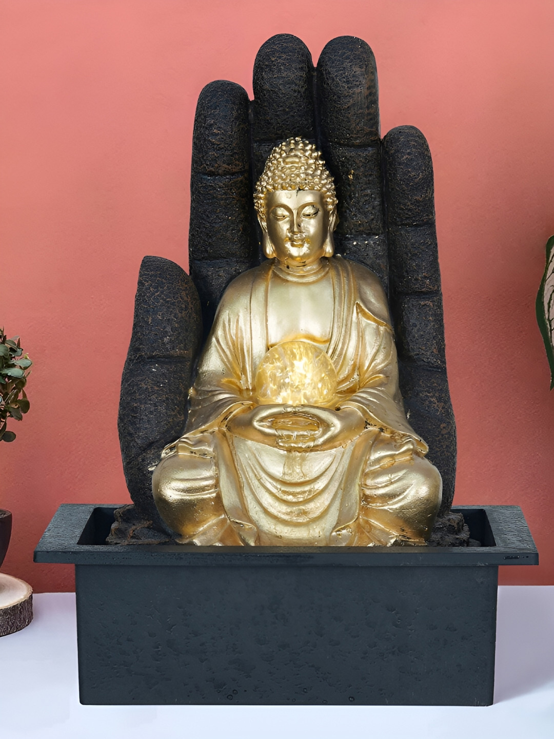 CHRONIKLE Gold-Toned & Black Buddha Idol Water Fountain With LED Crystal Ball