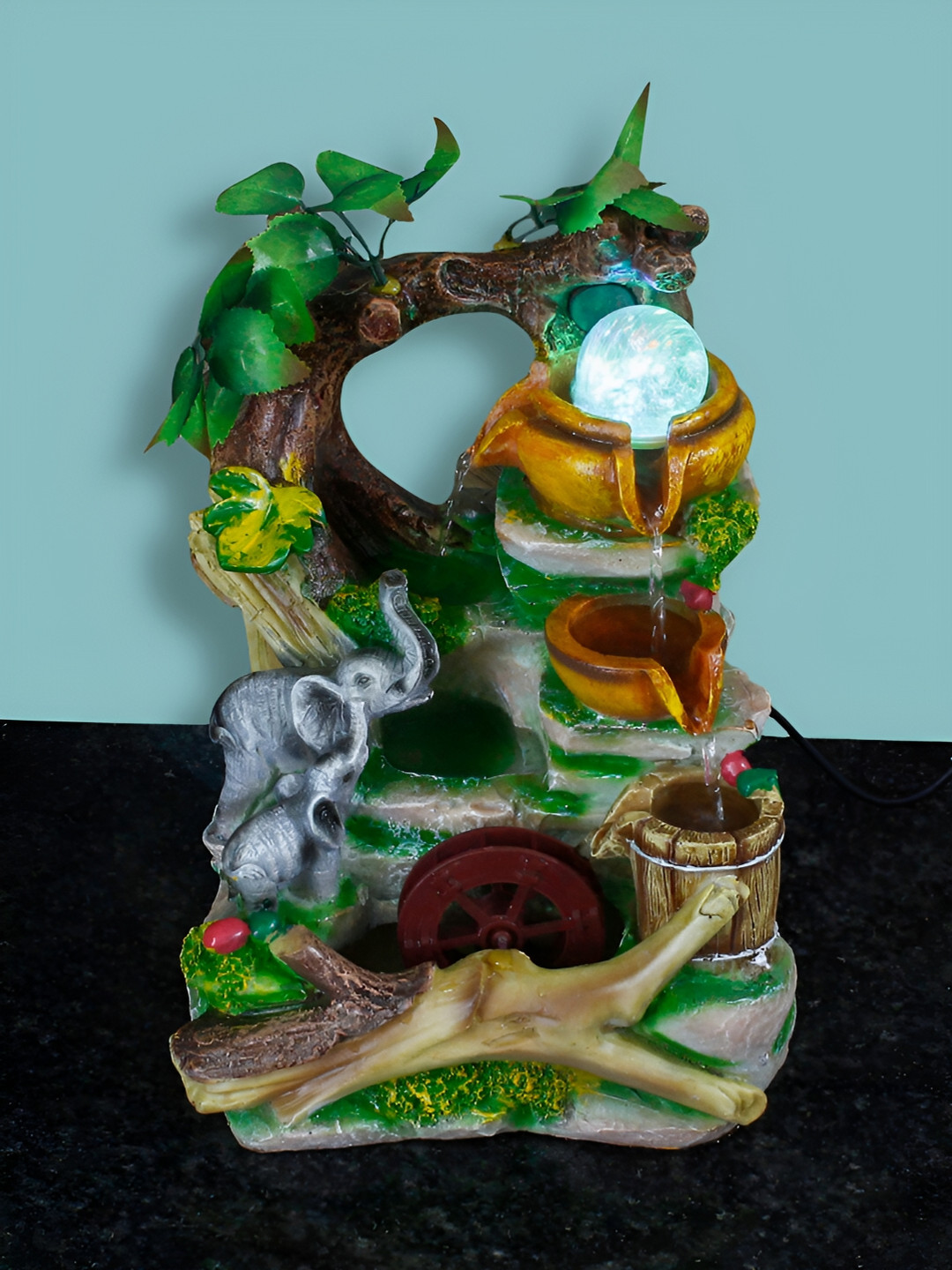 CHRONIKLE Grey & Green Jungle-Themed Water Fountain With LED Crystal Ball