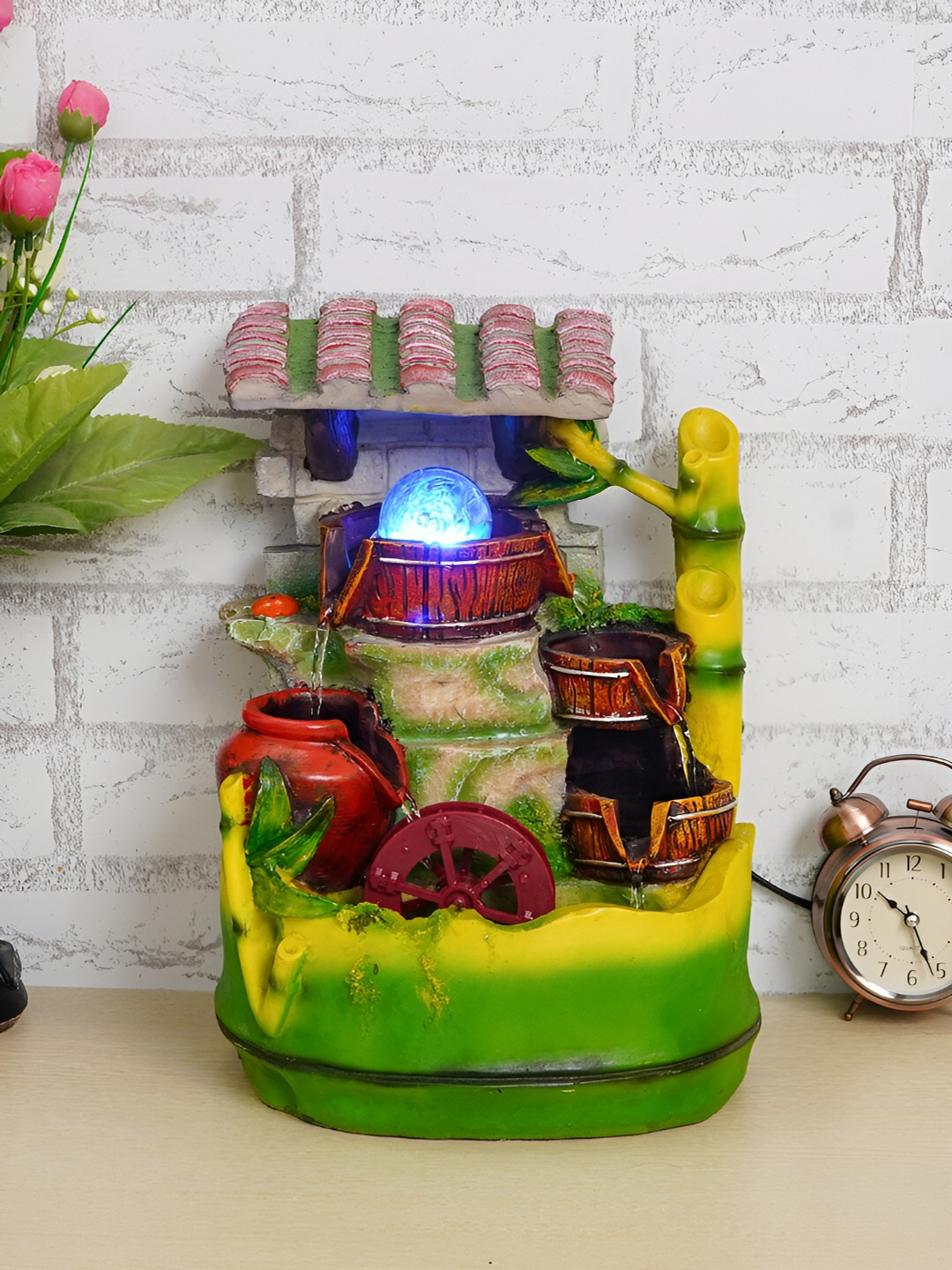 CHRONIKLE Green & Yellow Jungle-Themed Water Fountain With LED Crystal Ball