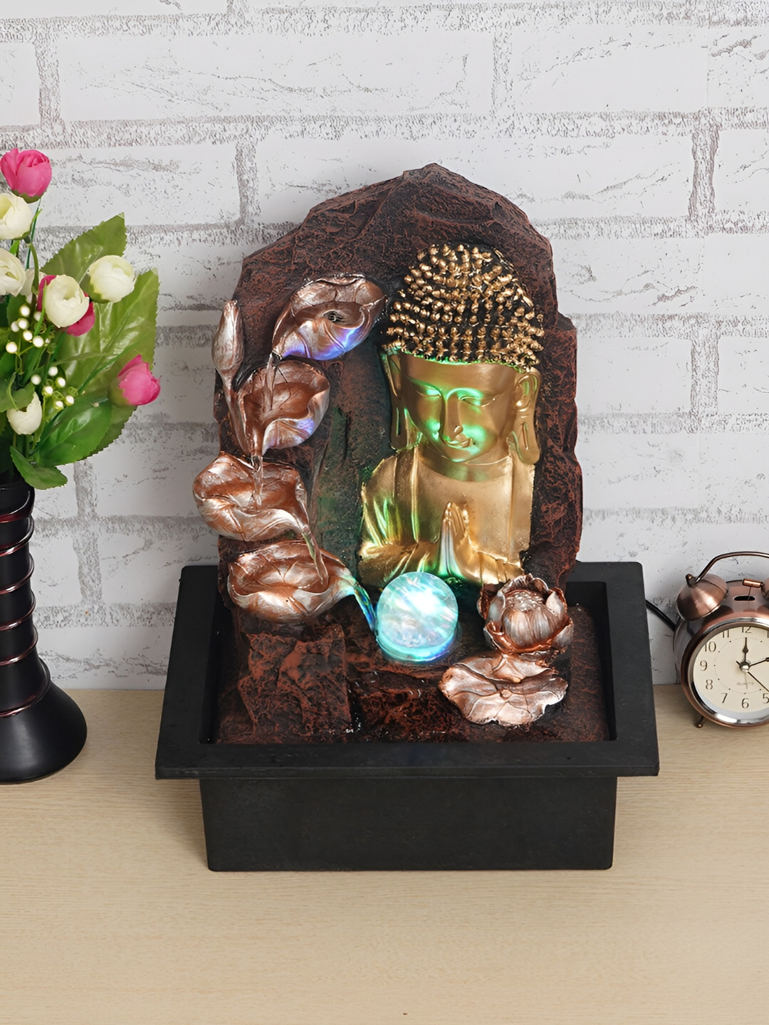 CHRONIKLE Brown & Black Buddha Idol Water Fountain With LED Crystal Ball