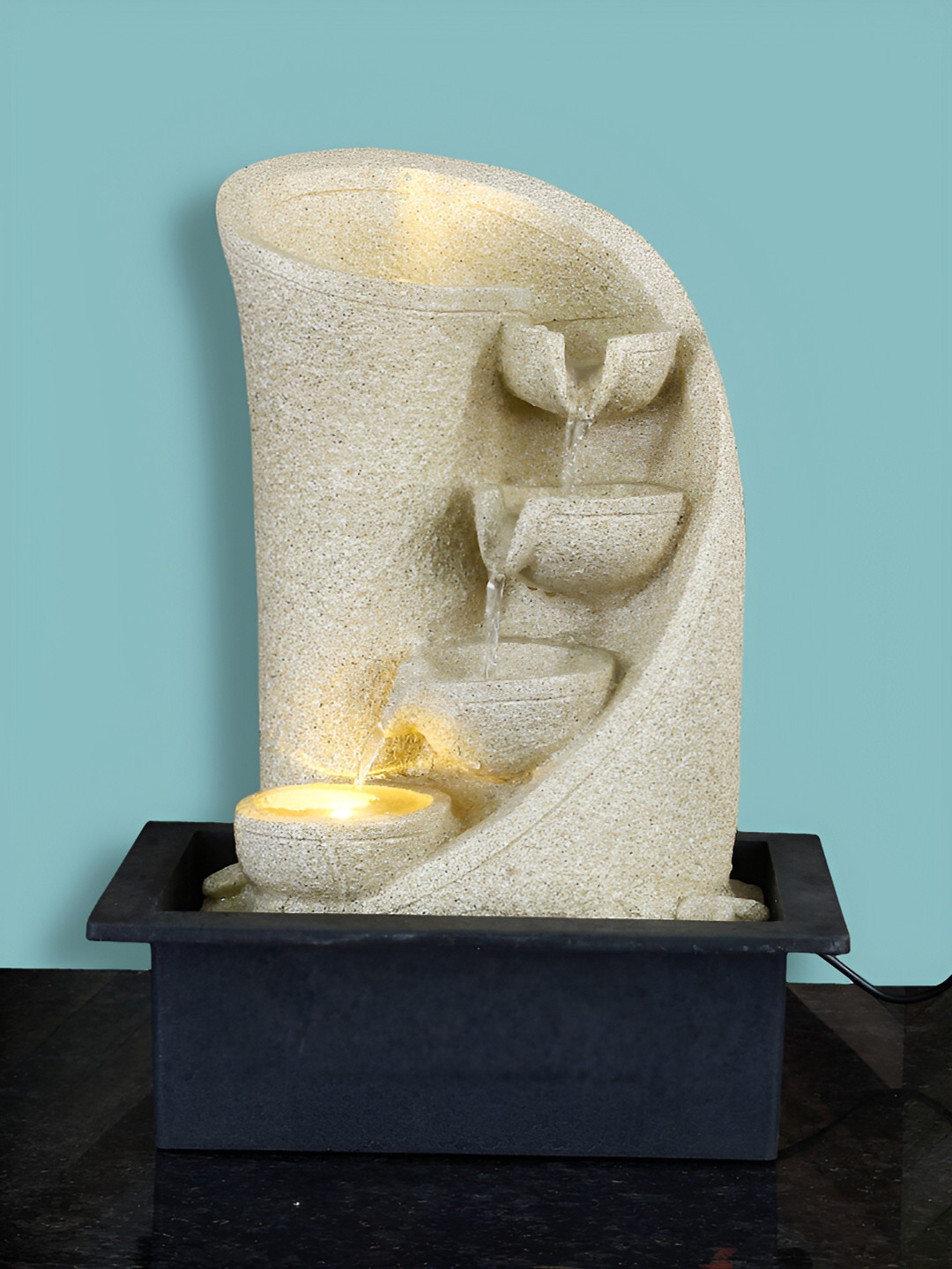 CHRONIKLE Cream & Black 3-Step Diya Water Fountain With LED Light