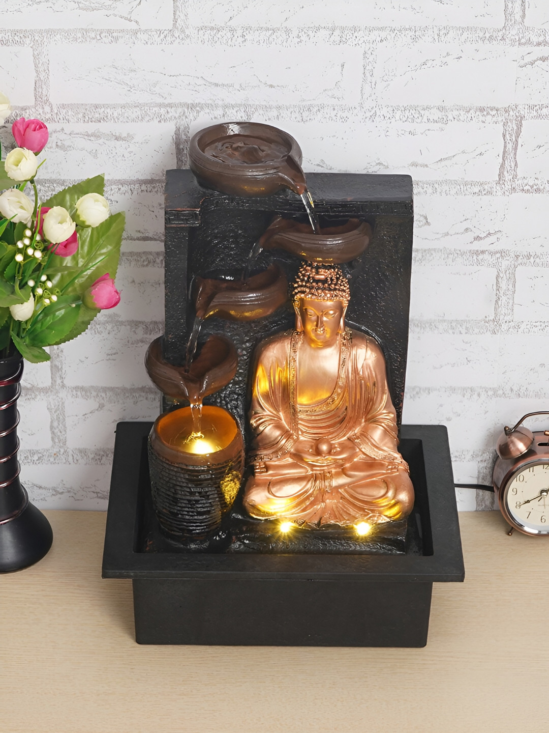 CHRONIKLE Brown & Black Buddha Idol Water Fountain With LED Light