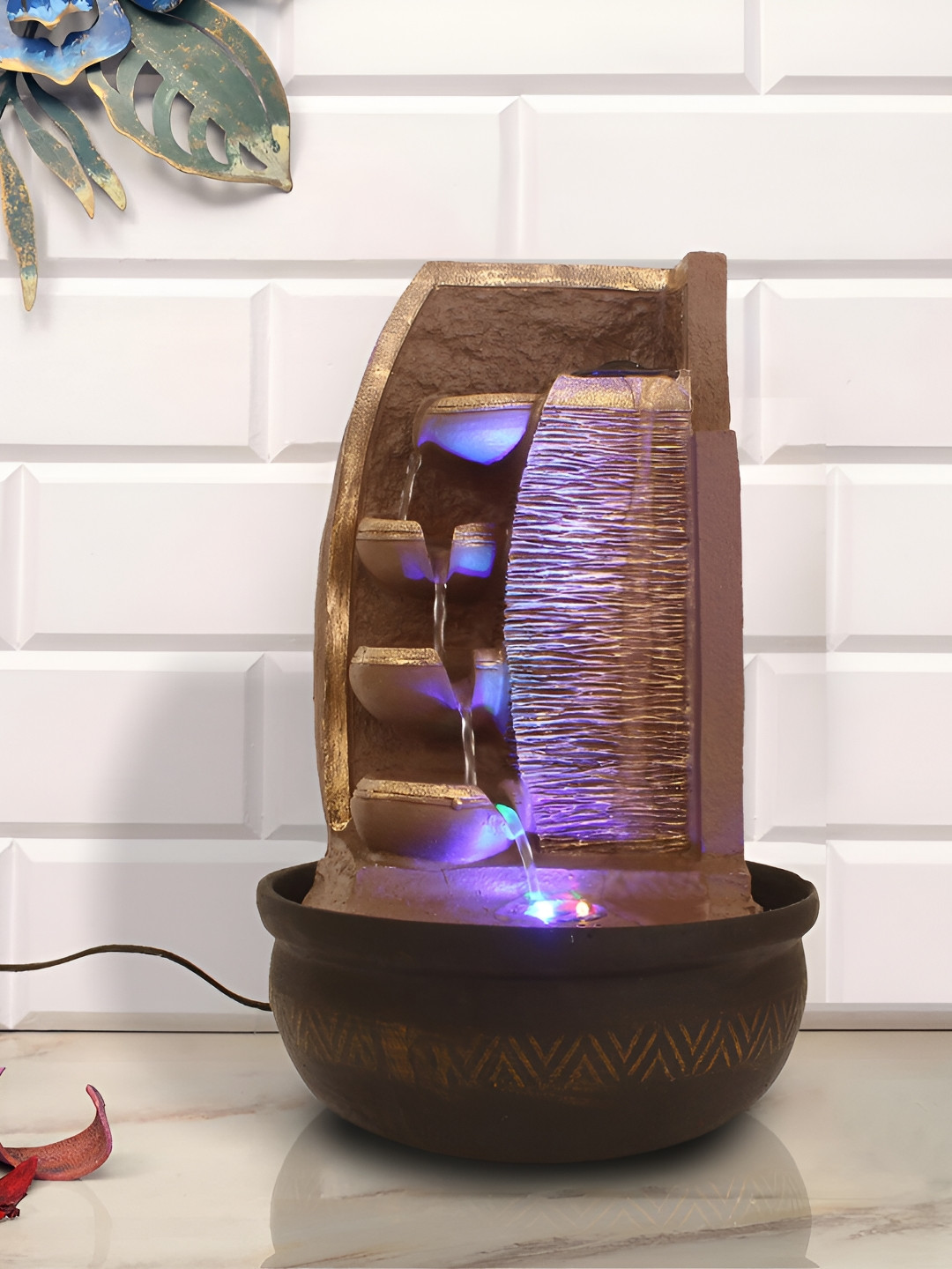 CHRONIKLE Brown 4-Step Diya Water Fountain With LED Light