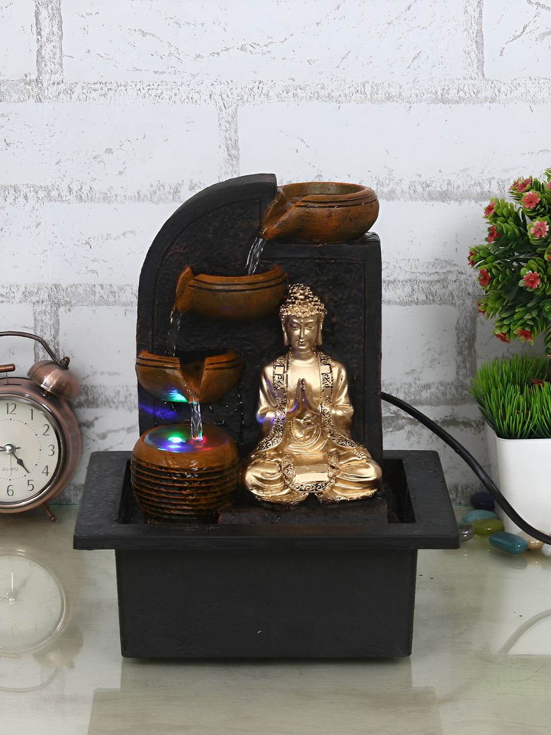 CHRONIKLE Black & Brown Buddha Idol Water Fountain With LED Light