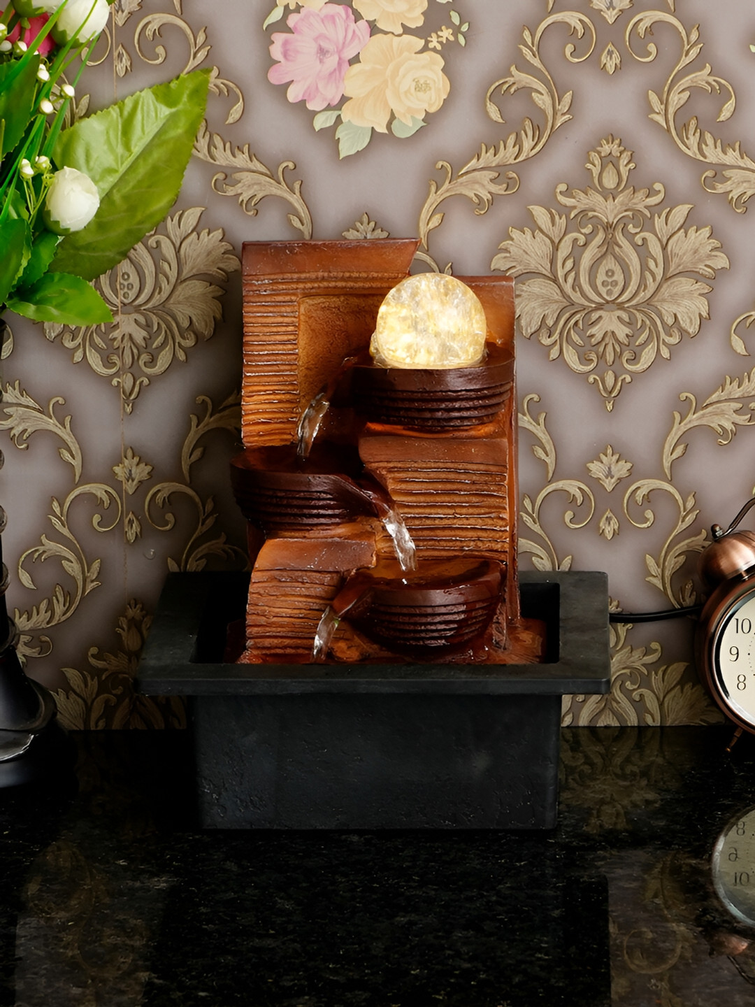 CHRONIKLE Brown & Black 3-Step Diya Water Fountain With LED Crystal Ball