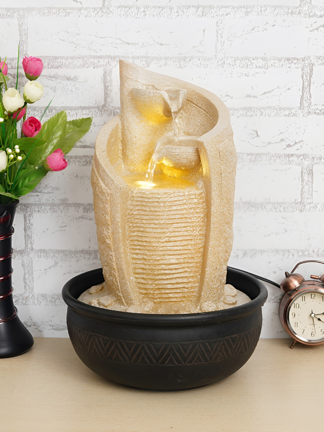 CHRONIKLE Cream & Black 2-Step Diya Water Fountain With LED Light