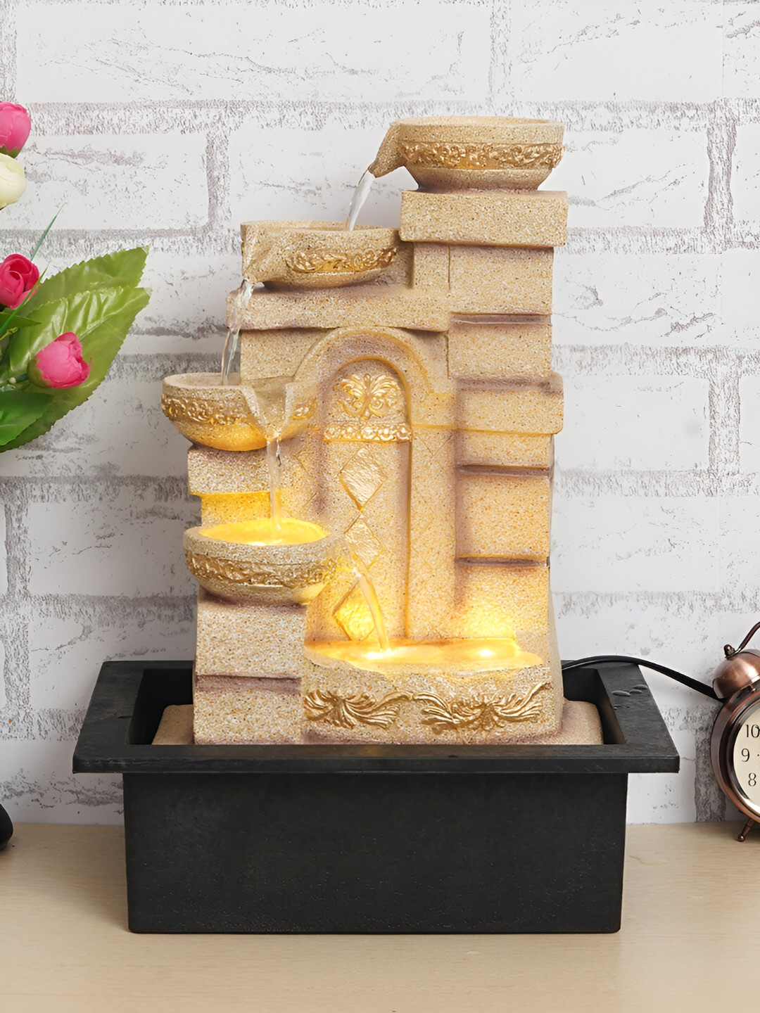CHRONIKLE Cream & Black 4-Step Diya Water Fountain With LED Light