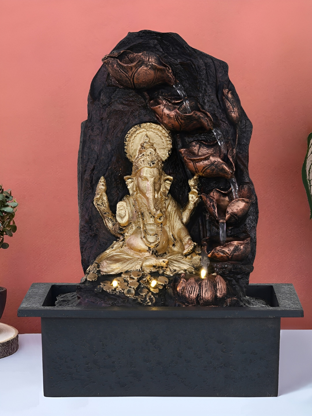 CHRONIKLE Brown & Black Lord Ganesh Idol 5-Step Diya Water Fountain With LED Light