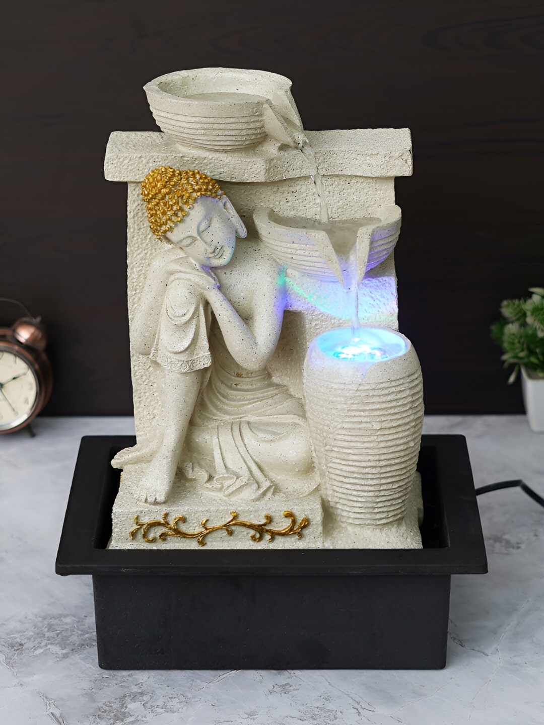CHRONIKLE Cream & Black Buddha Idol Water Fountain With LED Light