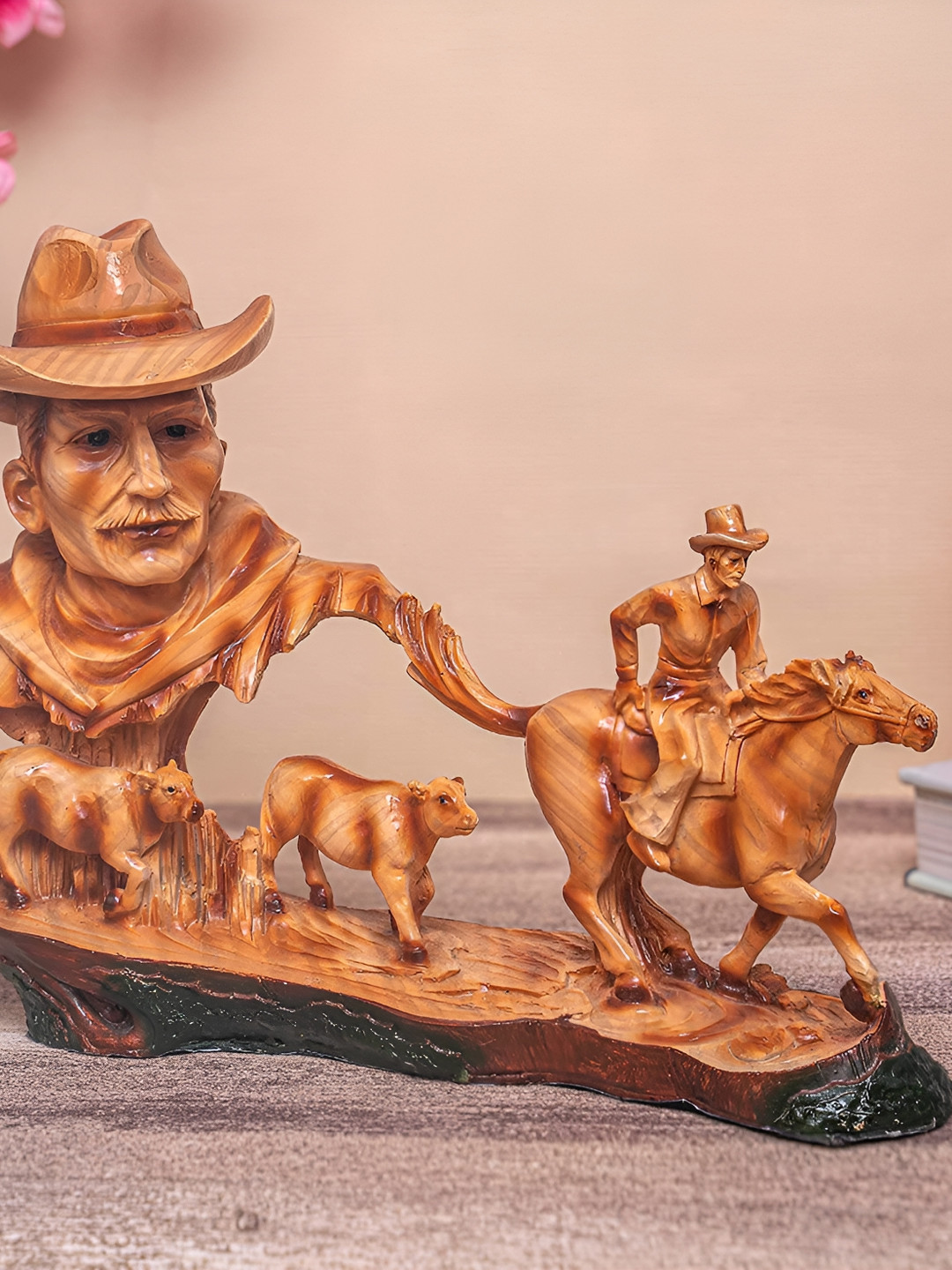 ECLAT FURNISH Horse Man Camel Brown Polyresin Natural Living Room Medium Showpiece - 7.9 Inches