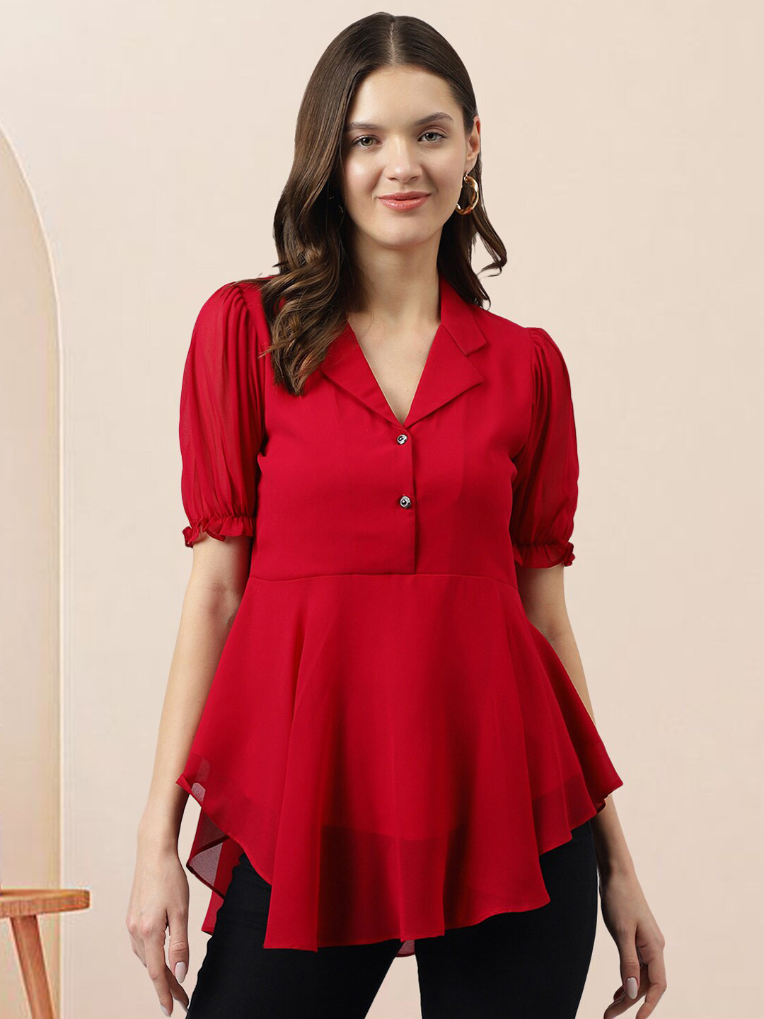 BAESD Puff Sleeves Georgette High-Low Hem Shirt Style Top