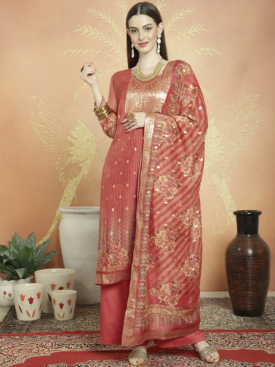 Stylee LIFESTYLE Floral Woven Design Jacquard Zari Unstitched Dress Material