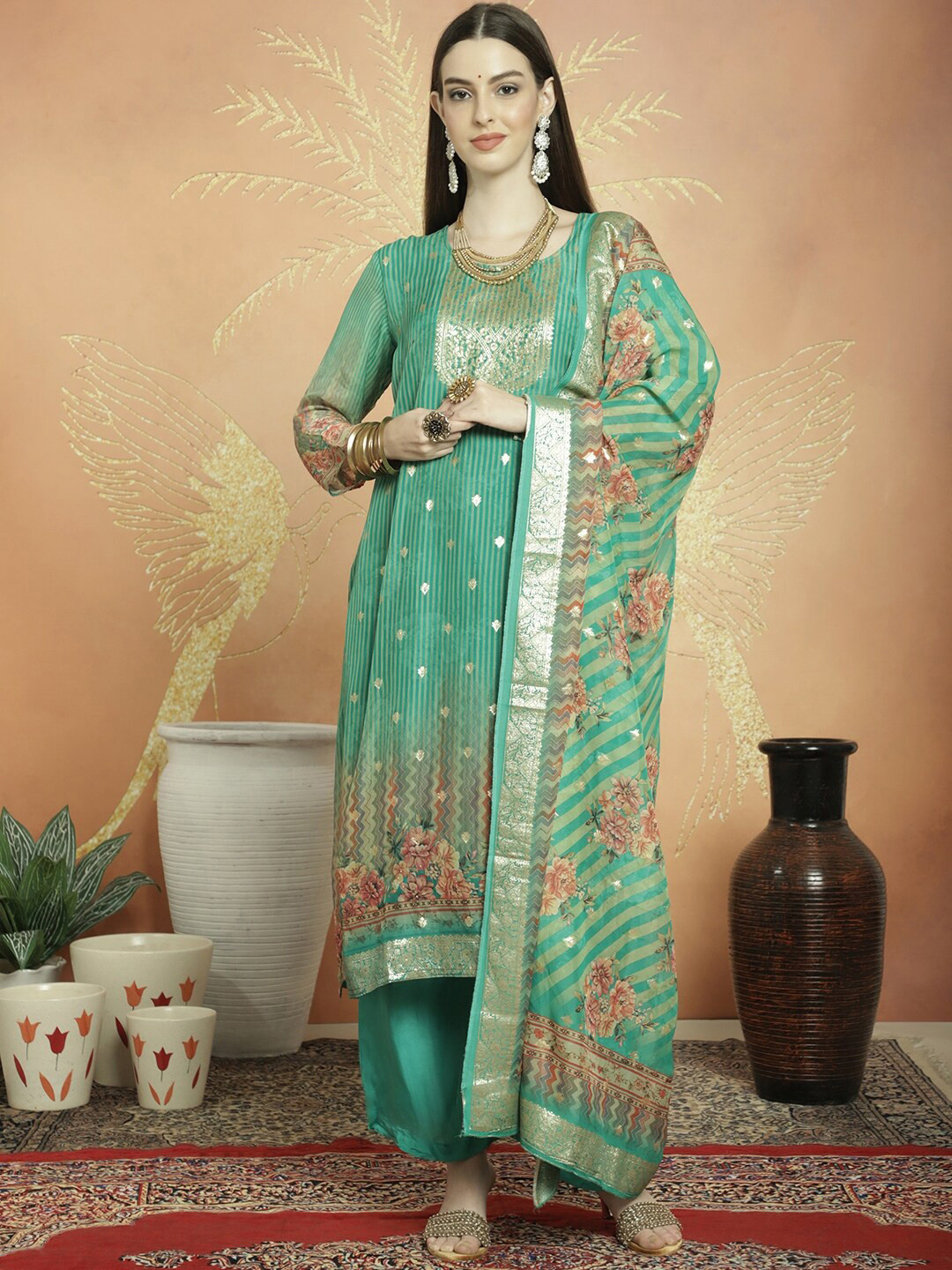 Stylee LIFESTYLE Floral Woven Design Jacquard Zari Unstitched Dress Material