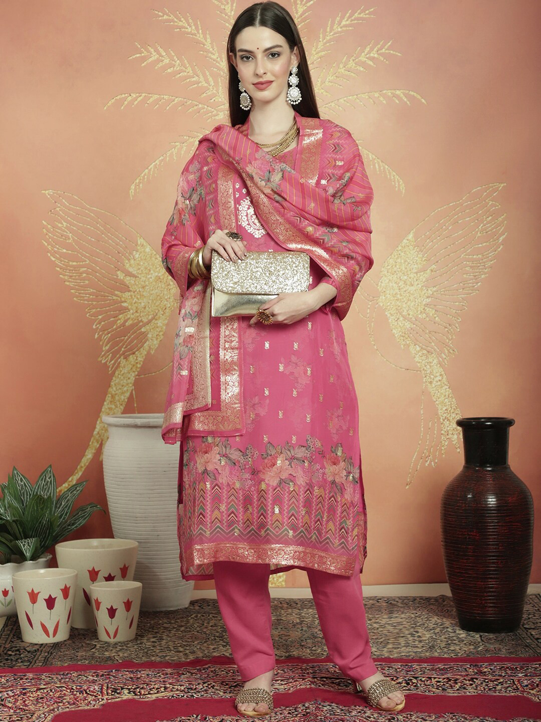 Stylee LIFESTYLE Floral Woven Design Jacquard Zari Unstitched Dress Material