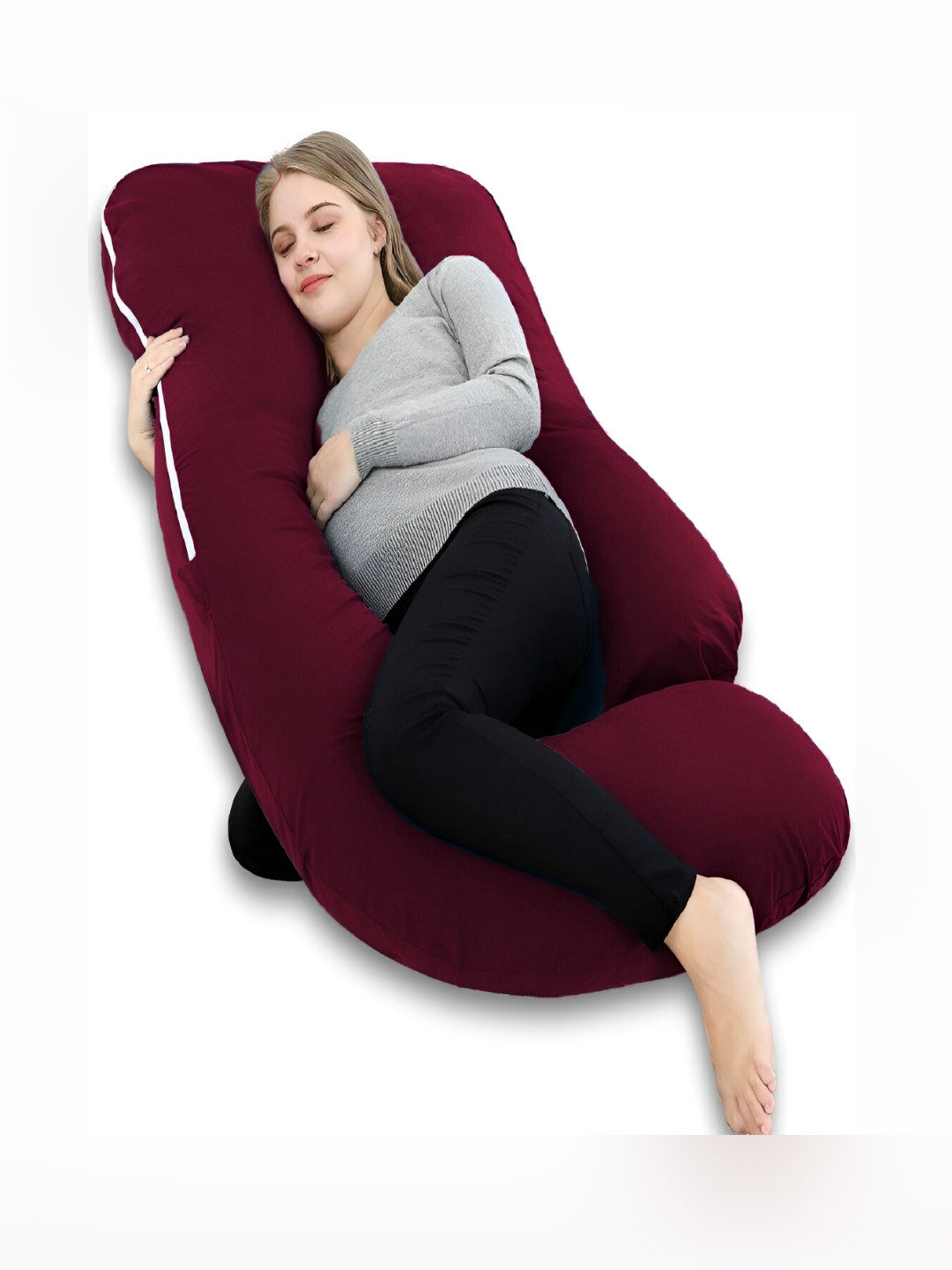 Angel Mommy Maroon Solid Faux Velvet Firm Fibre Maternity Pillow-139 x 81 x 139 cm