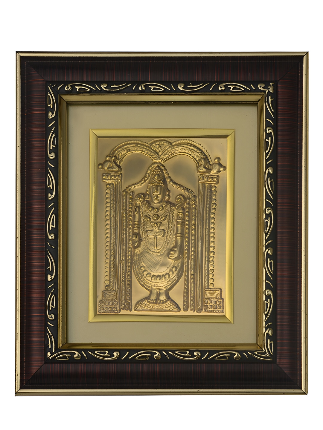 Pray Everyday Gold Toned & Brown Copper Tirupati Balaji Ji Self Design Wall Photo Frame