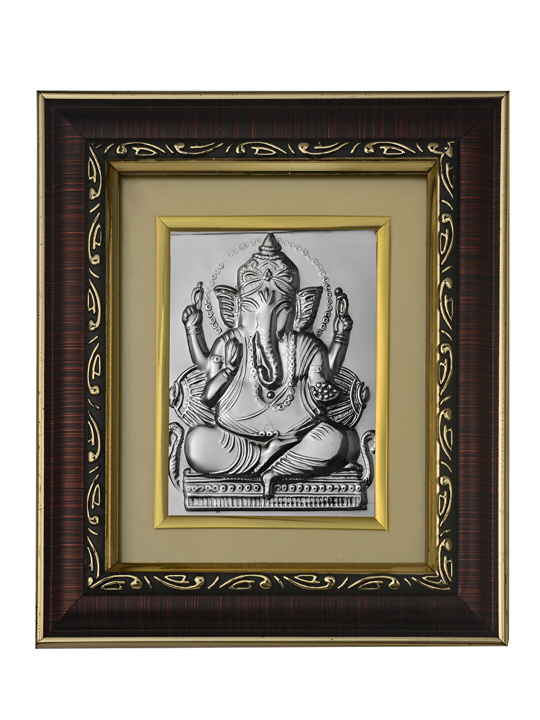Pray Everyday Silver Toned & Brown Copper Ganesh Ji Self Design Wall Photo Frame